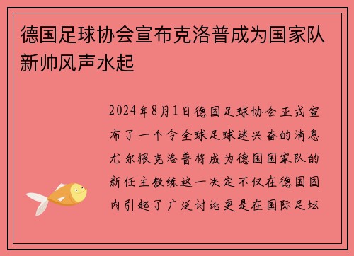德国足球协会宣布克洛普成为国家队新帅风声水起